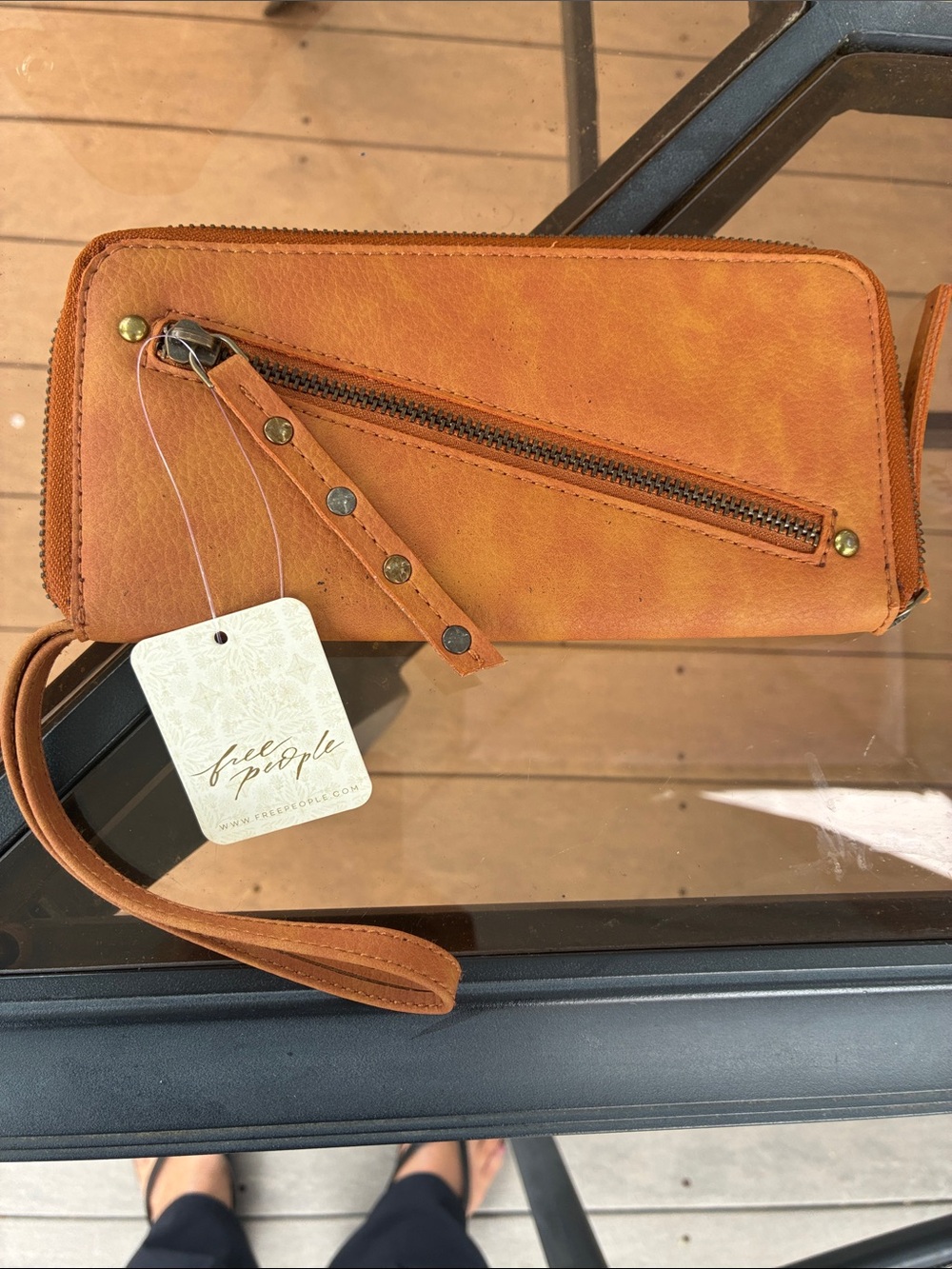 Free People Cognac Leather Zip Wristlet